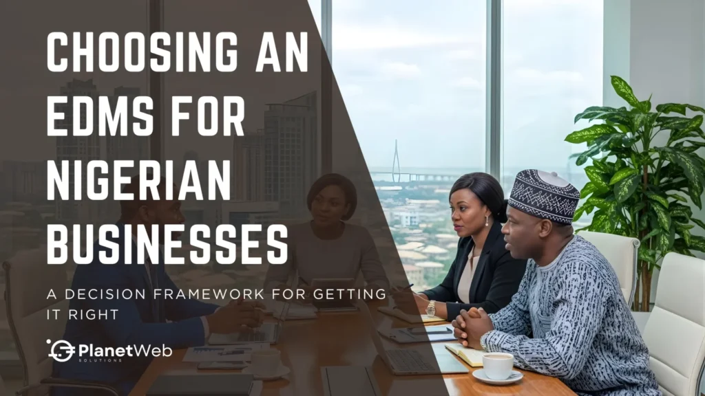 Business team discussing decision-making framework for choosing an EDMS for Nigerian businesses in a modern office setting.