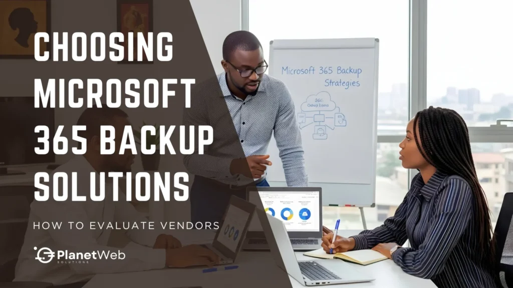 Business professionals discuss choosing Microsoft 365 backup solutions and vendor evaluation strategies in a modern office.