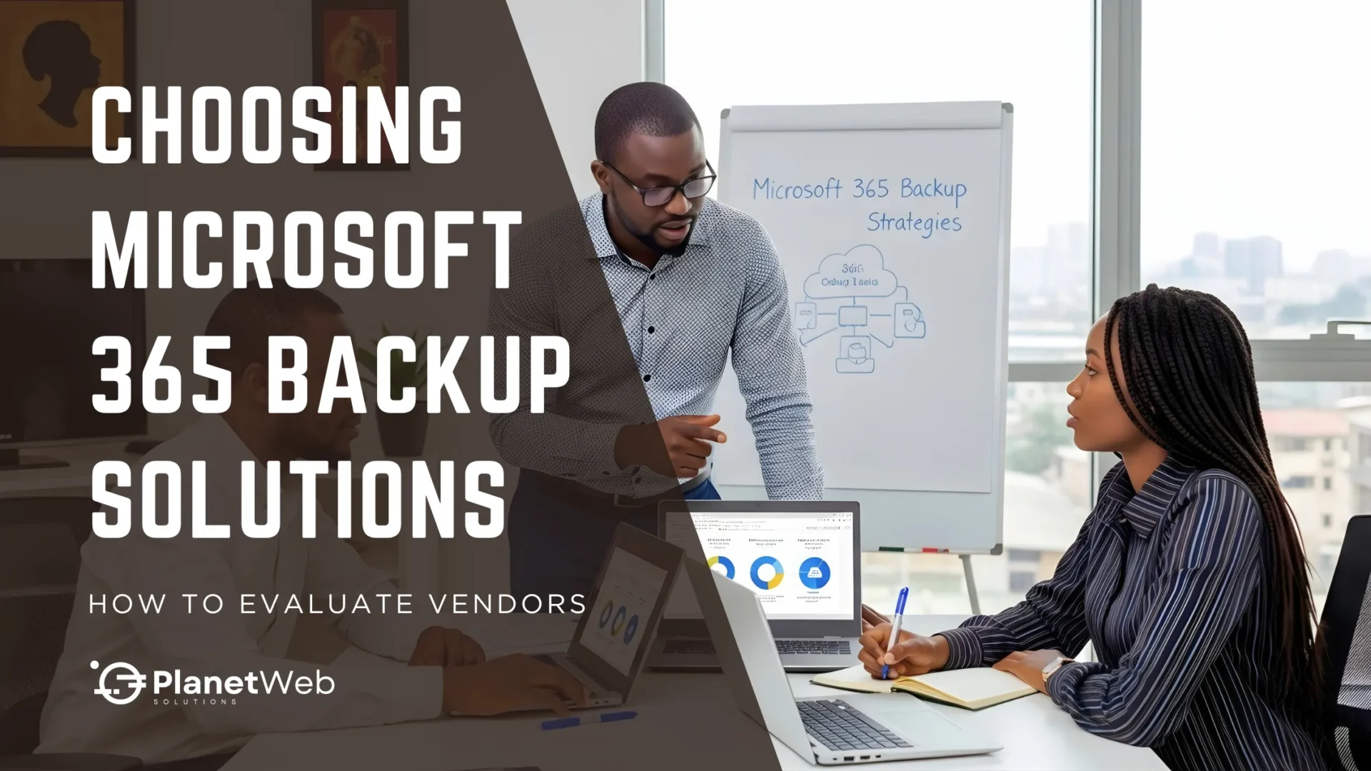 Business professionals discuss choosing Microsoft 365 backup solutions and vendor evaluation strategies in a modern office.
