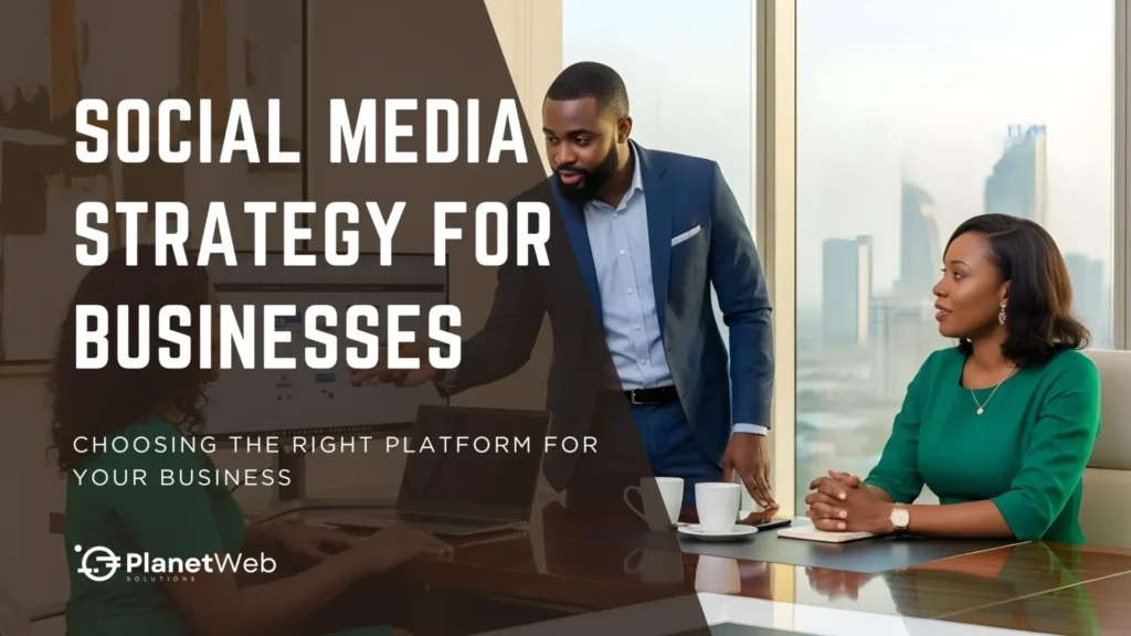 Business professionals discussing social media strategy in a modern office environment.