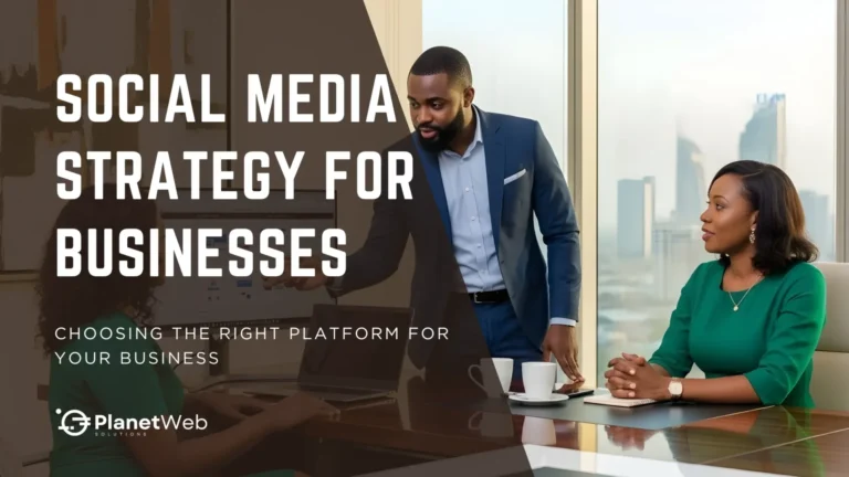 Business professionals discussing social media strategy in a modern office environment.
