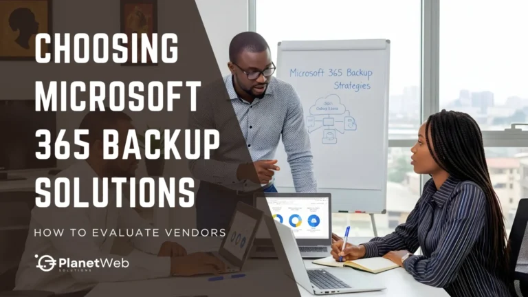 Business professionals discuss choosing Microsoft 365 backup solutions and vendor evaluation strategies in a modern office.