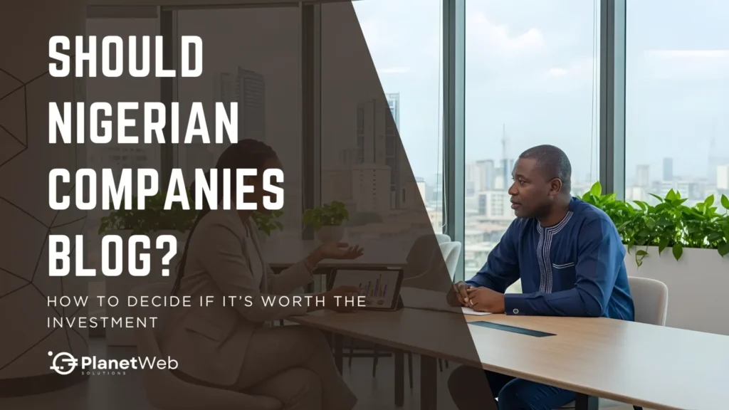 Should Nigerian Companies Blog? Business meeting discussing blogging benefits for Nigerian companies in a modern urban office.