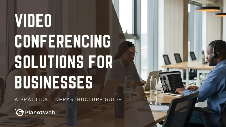 Video conferencing solutions for businesses presented in a practical infrastructure guide by PlanetWeb, featuring a modern office setup.