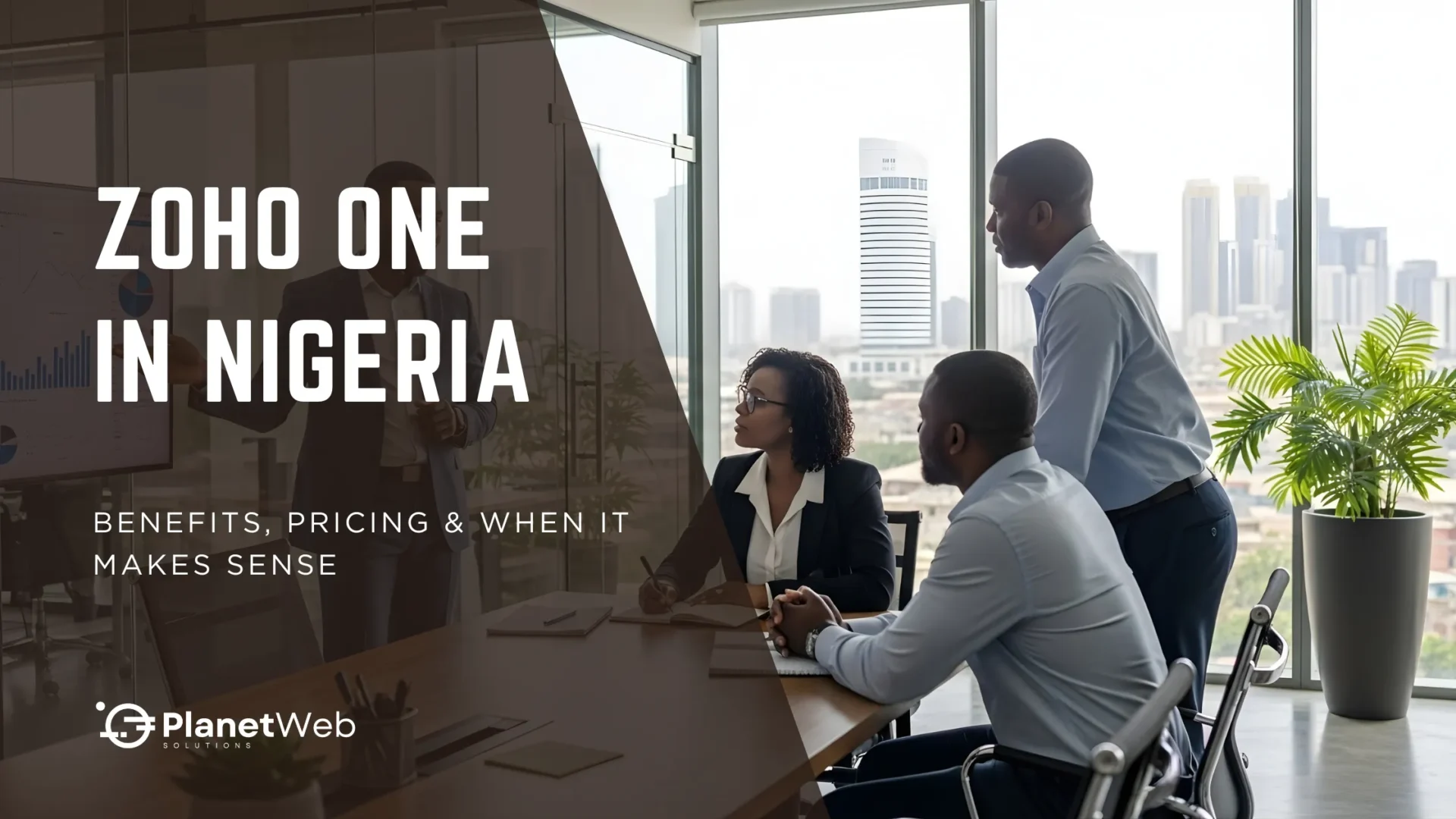 Business meeting discussing Zoho One in Nigeria with four professionals engaged in conversation and a city skyline visible through the window.