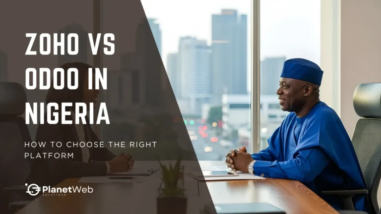 A business professional in a blue traditional outfit engaged in a discussion about Zoho vs Odoo in Nigeria, with a city skyline visible through the window.