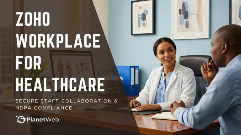 A healthcare consultation scene featuring a doctor in a white coat discussing with a patient in an office setting, with Zoho Workplace branding.