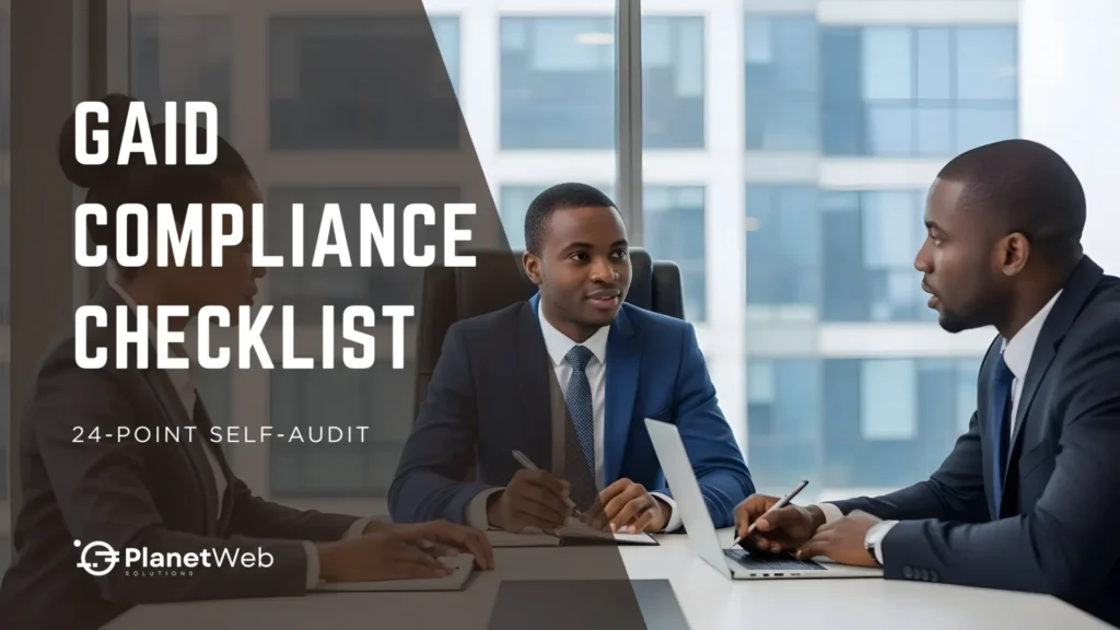 GAID compliance checklist in modern office meeting with PlanetWeb Solutions.