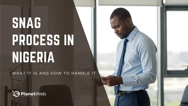 Snag process in Nigeria banner with businessman reviewing documents in office.