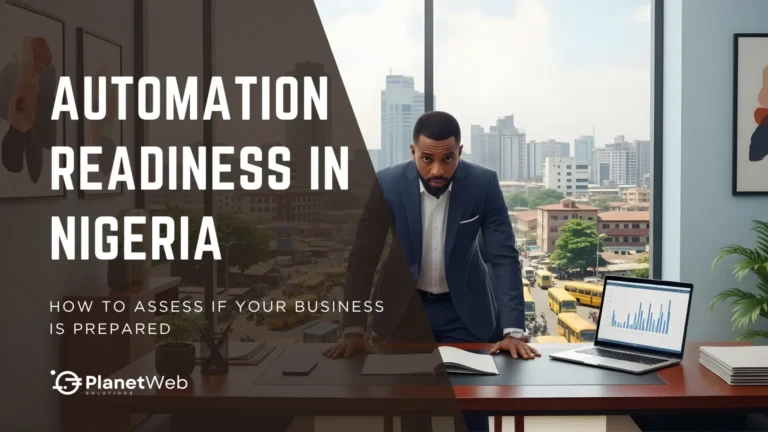 Automation readiness in Nigeria: business assessment with executive, laptop analytics, and city skyline.