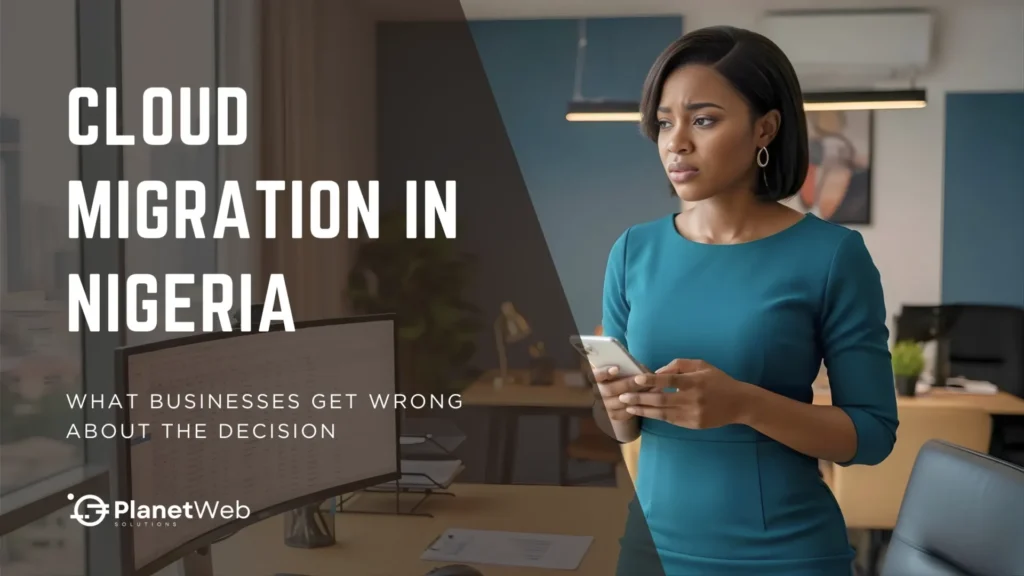 Cloud migration in Nigeria business decision cover with professional woman in office.