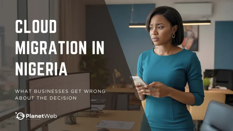 Cloud migration in Nigeria business decision cover with professional woman in office.