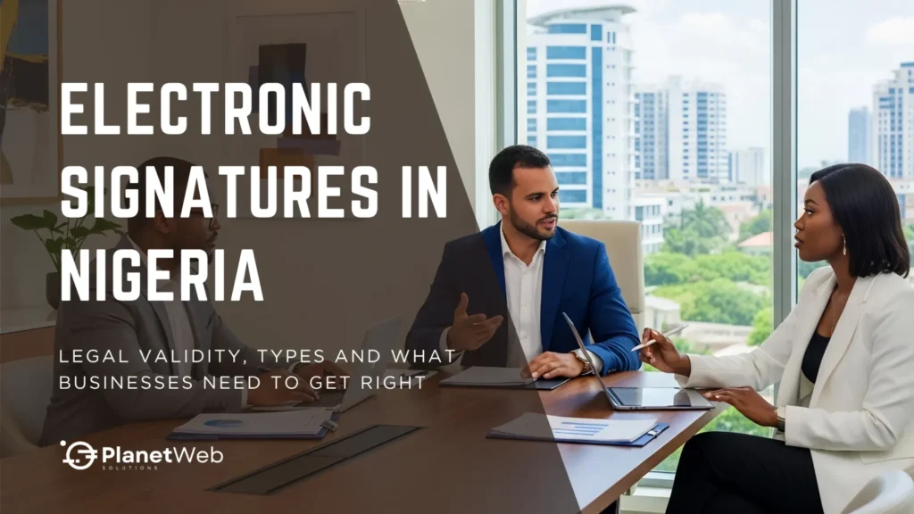 Electronic signatures in Nigeria legal validity with business professionals in a modern office.