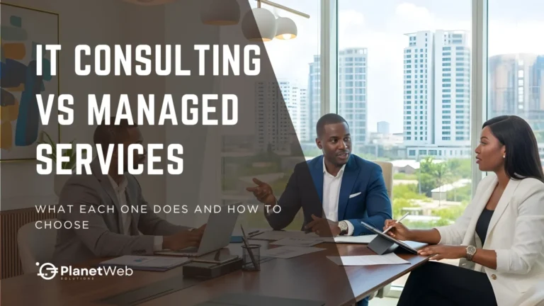 IT consulting vs managed services comparison in a modern office meeting.