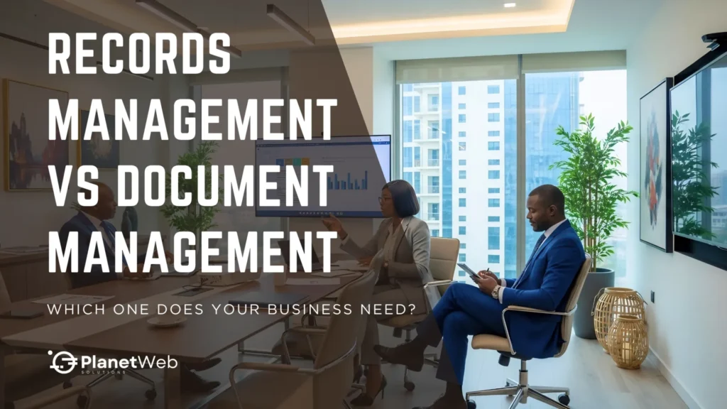 Records management vs document management in a modern business meeting room.