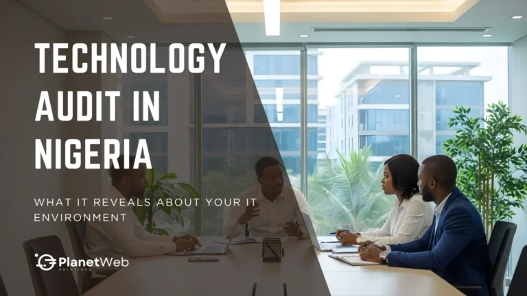 Technology audit in Nigeria business banner with corporate meeting room and IT consultants.