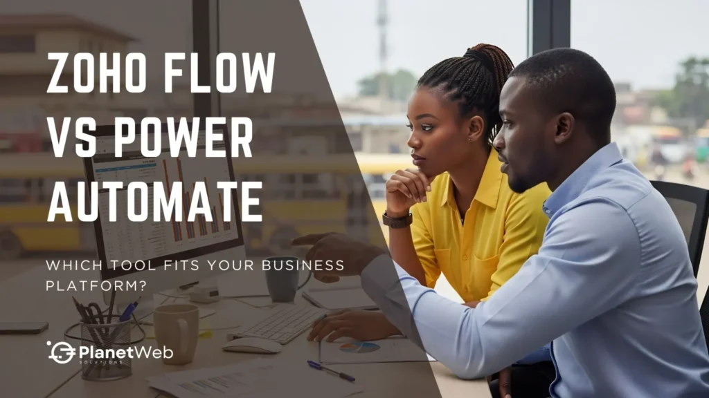Zoho Flow vs Power Automate business comparison graphic.