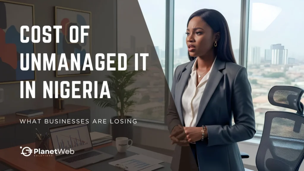 Cost of unmanaged IT in Nigeria report with businesswoman and office charts.