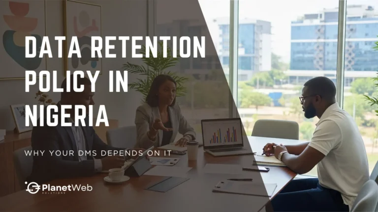 Data retention policy in Nigeria presentation with business team in a modern office.
