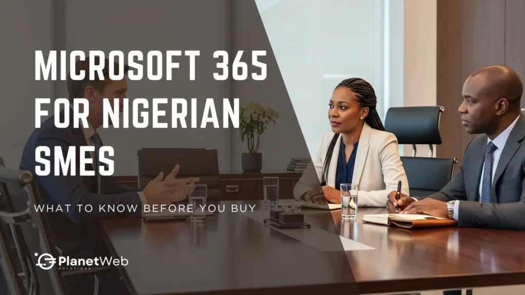Microsoft 365 for Nigerian SMEs guide with business meeting background.