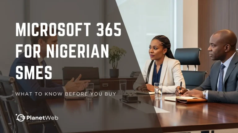 Microsoft 365 for Nigerian SMEs guide with business meeting background.