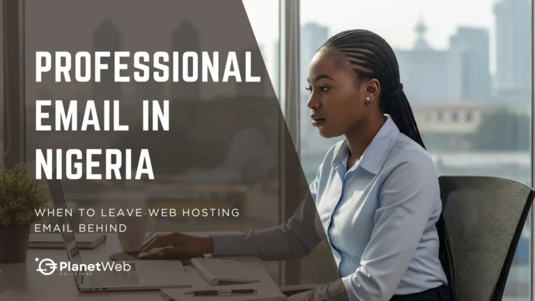Professional email in Nigeria banner with businesswoman at office desk.