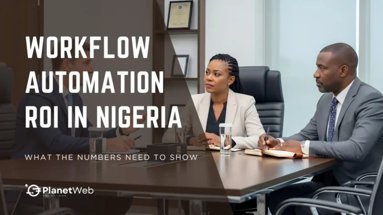 Workflow Automation ROI in Nigeria presentation with business professionals in a conference room.