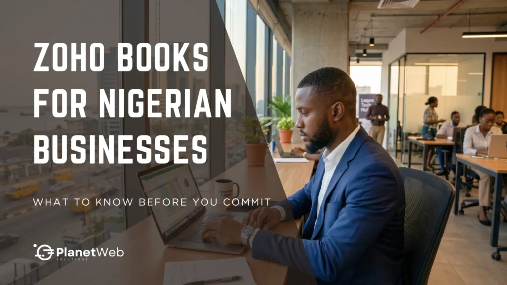 Zoho Books for Nigerian businesses banner with professional man using laptop in office.