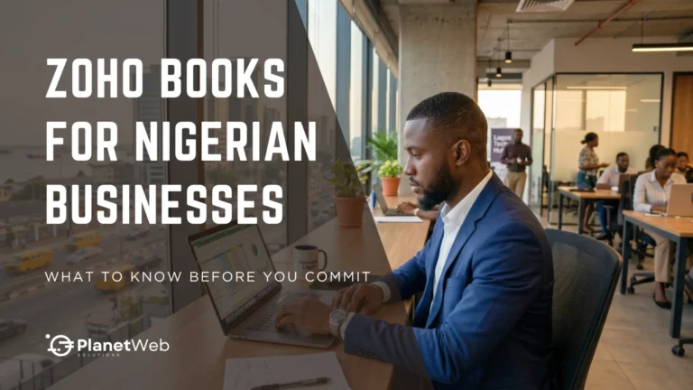 Zoho Books for Nigerian businesses banner with professional man using laptop in office.