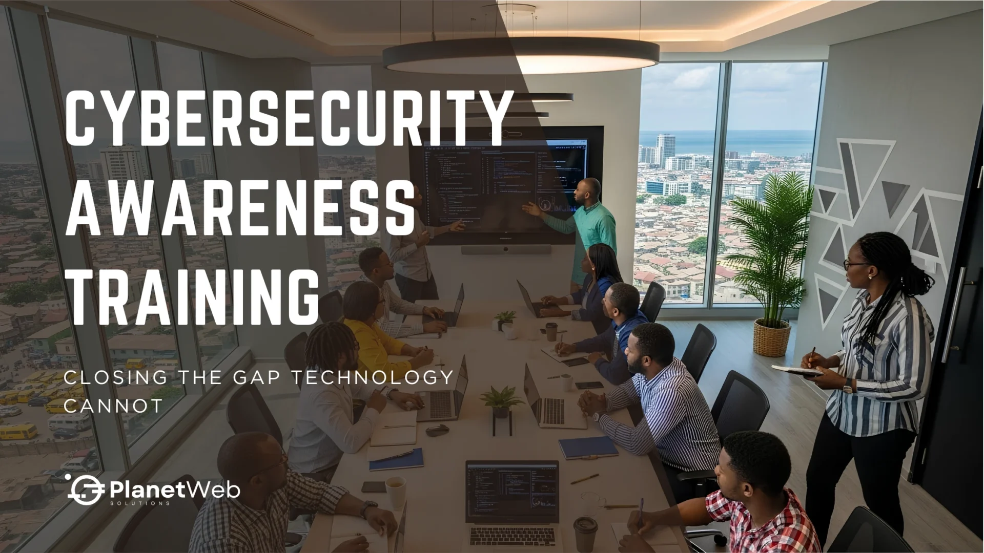 Cybersecurity Awareness Training in a modern conference room with presenter and team.