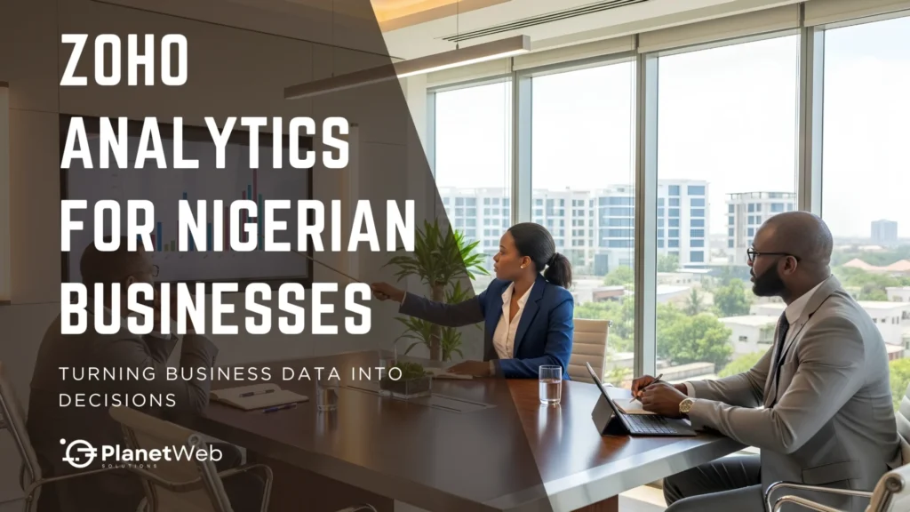 Zoho Analytics for Nigerian businesses in a modern office strategy meeting.