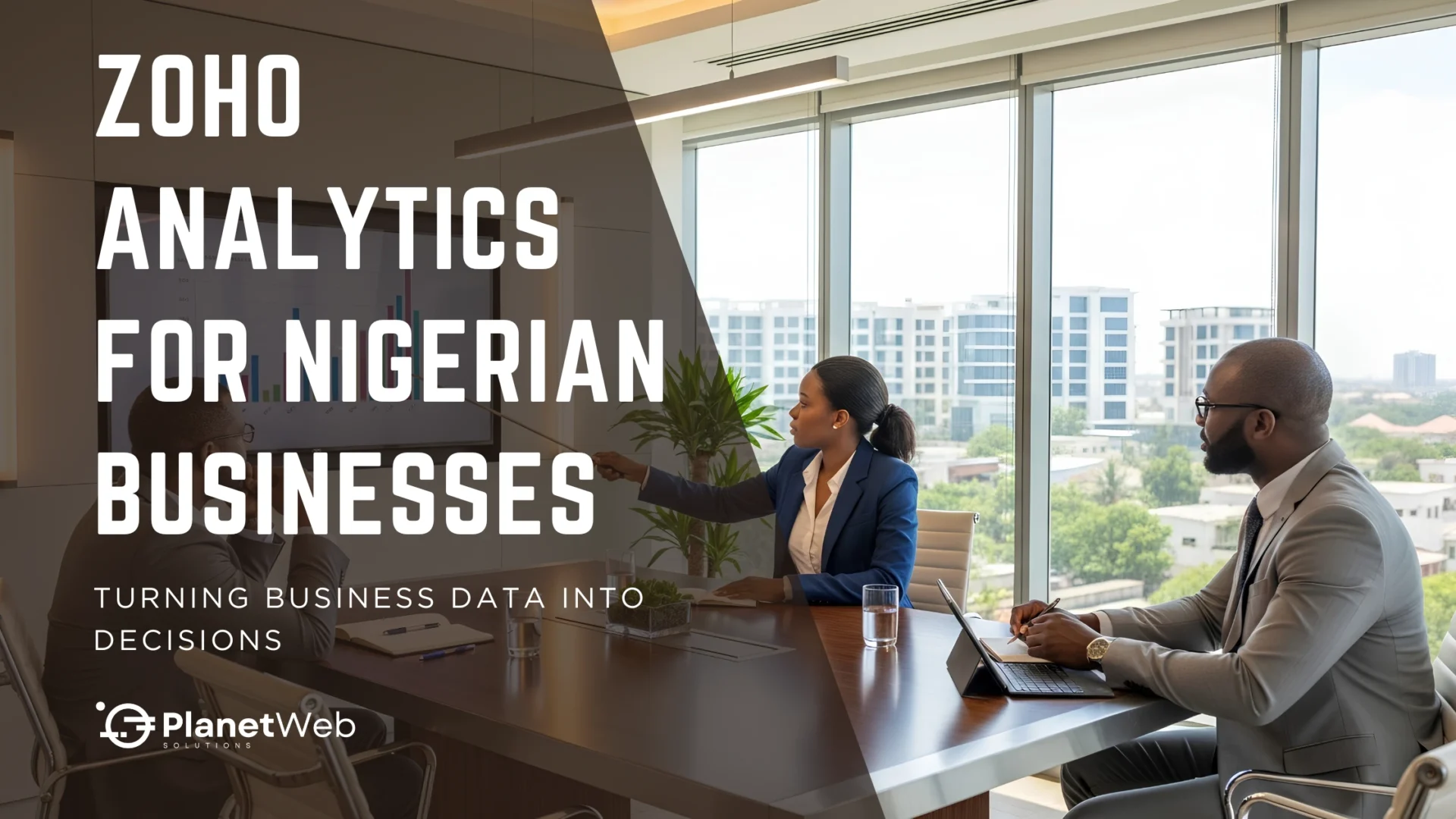 Zoho Analytics for Nigerian businesses in a modern office strategy meeting.
