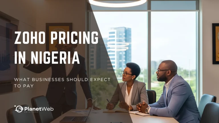 Zoho pricing in Nigeria banner with business meeting and PlanetWeb Solutions branding.