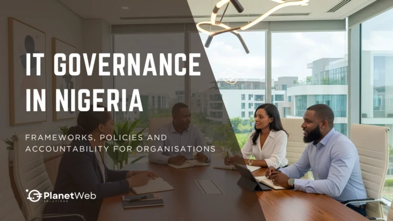 IT Governance in Nigeria corporate meeting with professionals in a modern office.