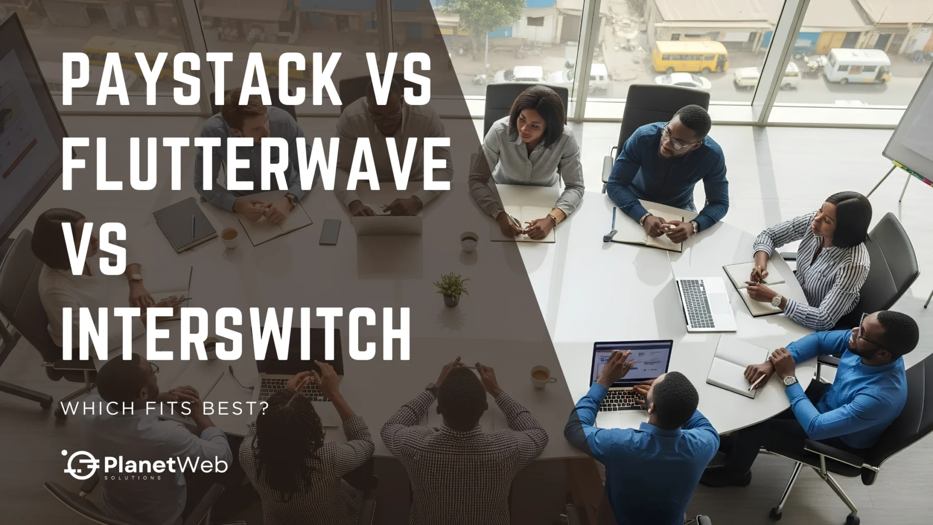 Paystack vs Flutterwave vs Interswitch comparison in a business meeting room.