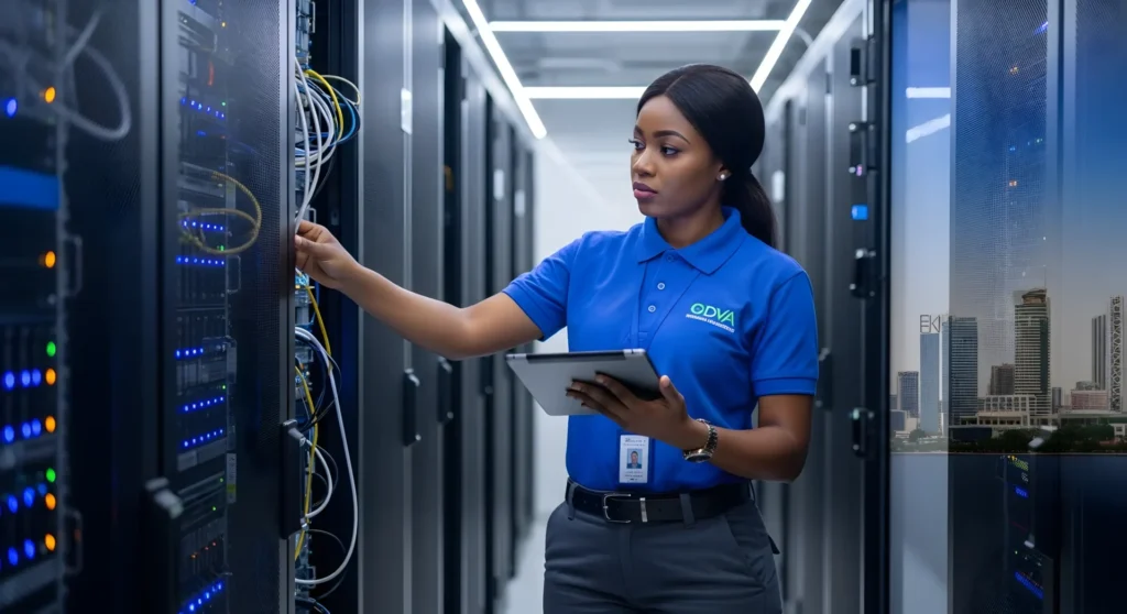 Telecommunications data center technician inspecting server racks with tablet in a high-tech corridor.