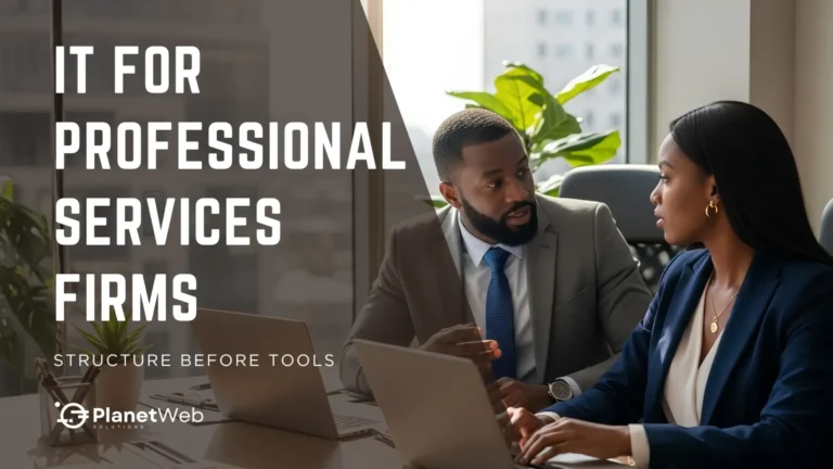IT for professional services firms: structure before tools, modern office strategy meeting.