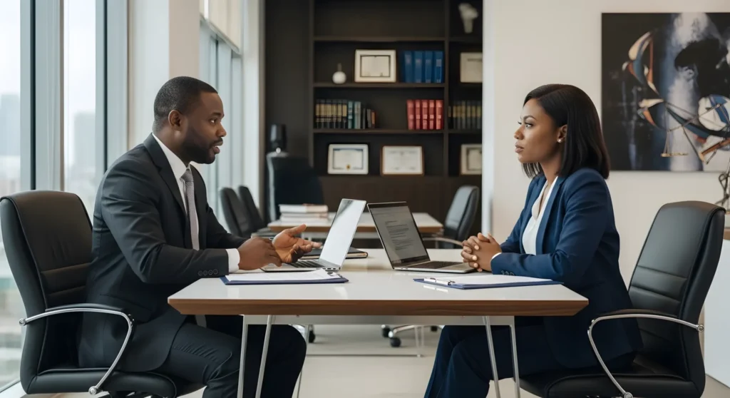 Legal IT Solutions professionals reviewing business contracts during a meeting