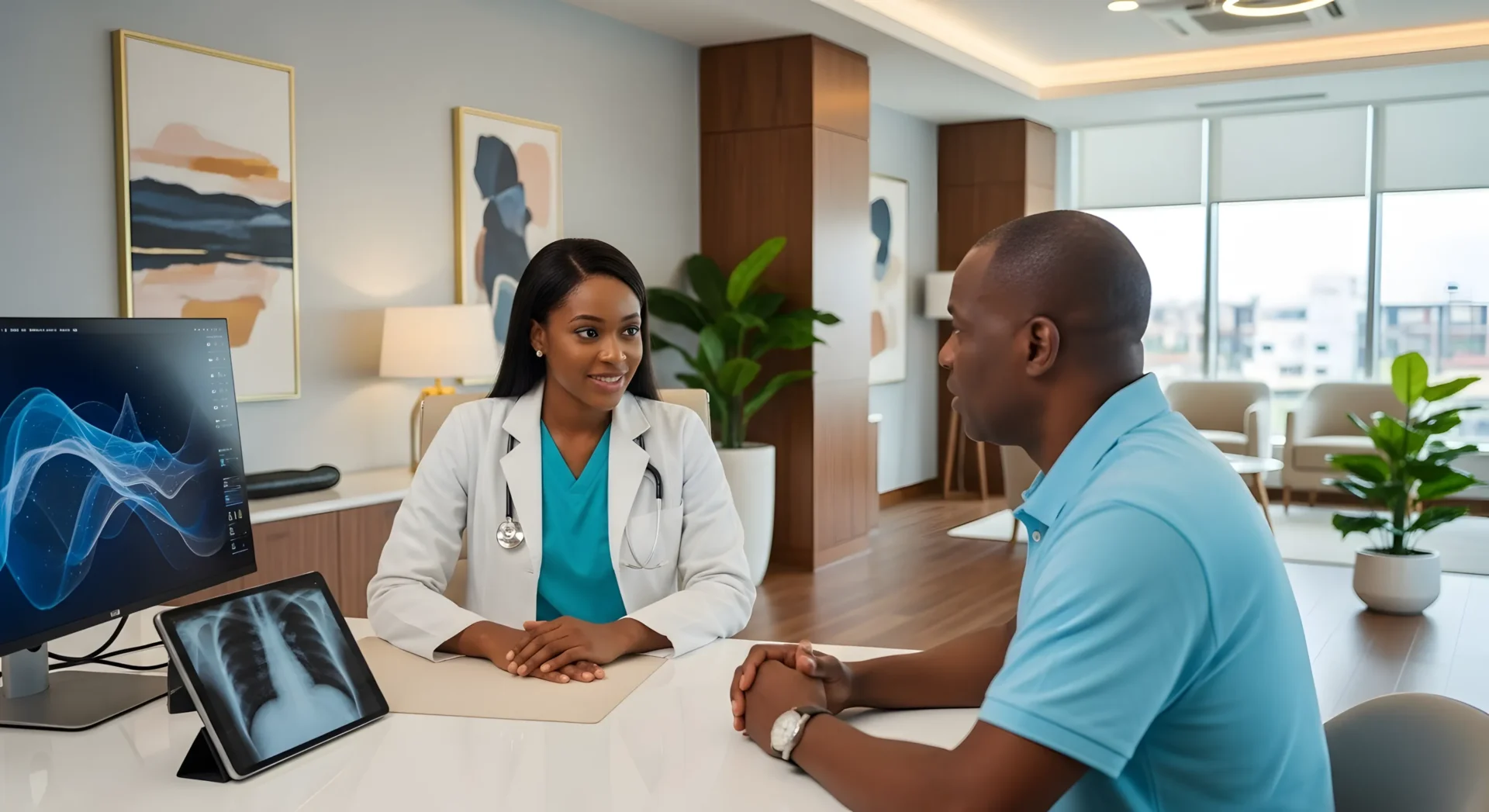 Healthcare tailored IT solutions: doctor reviews chest X-ray with patient in modern clinic.